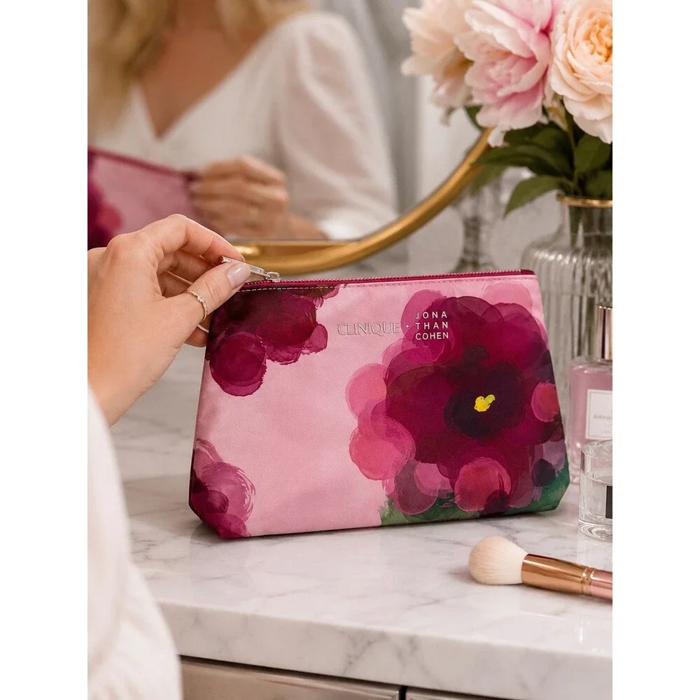 Clinique x Jonathan Cohen Floral Makeup Bag Cosmetic Pouch Pink Travel Case NEW